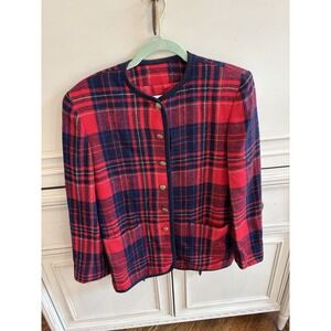 Vintage Liz Claiborne Red Blue Checker Plaid Blazer Gold Button Detail Sz 4 Wool